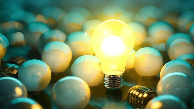 Single glowing light bulb standing out among unlit bulbs. Concept of innovation, creativity, and individuality in a sea of ideas.