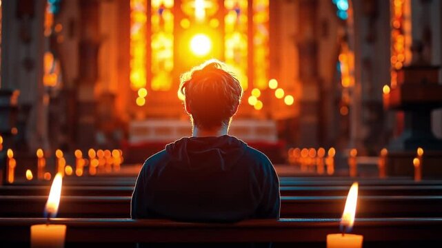 Person seated in a church, surrounded by candlelight, immersed in prayer. Concept of faith, spirituality, and peaceful reflection in a sacred space.