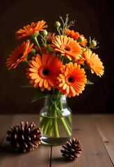 A glass vase filled with gerbera daisies and pine cones in a vivid orange color with a dark background