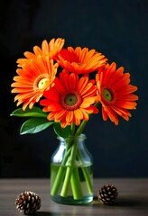 Fototapeta premium In a glass vase, there is a bouquet of vibrant orange gerbera daisies and pine cones with a dark background