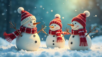 Joyful snowmen sharing a cheerful moment in a winter wonderland during the holiday season
