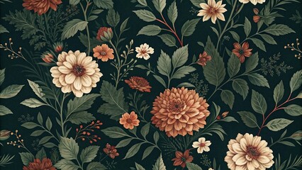 Dark green floral pattern with earthy tones and a mix of large and small flowers, textured, rich, woodsy, design