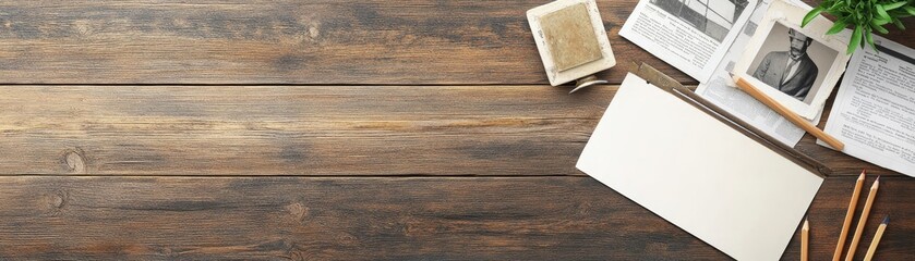 A camera sits on a table with a pile of old photographs and a pencil