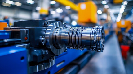 Fototapeta premium A skilled technician focuses on assembling precise machine components in a well-lit manufacturing plant filled with advanced tools and equipment