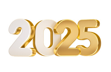 2025 Gold and White Numbers in 3D Render for New Year Celebrations with transparent background