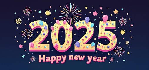 Colorful Colorful illustration of New Year 2025 with fireworks, balloons, and festive decorations in a vibrant atmosphere across the night sky