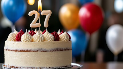 A colorful birthday cake featuring the number 27, decorated with icing and balloons in the background.