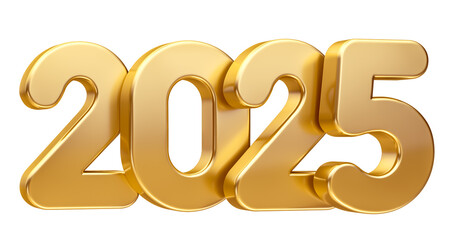 2025 Gold Numbers in 3D Render for New Year Celebrations with transparent background