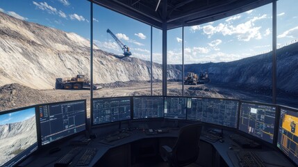 Control Room Overlooking Quarry Operations. A control room with multiple monitors displays real-time data while overlooking active quarry operations with heavy machinery.