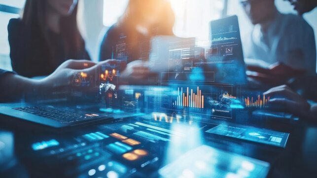 Corporate team strategizing in a collaborative meeting with digital technology tools for advanced marketing data analysis and informed investment decision-making in a modern business environment