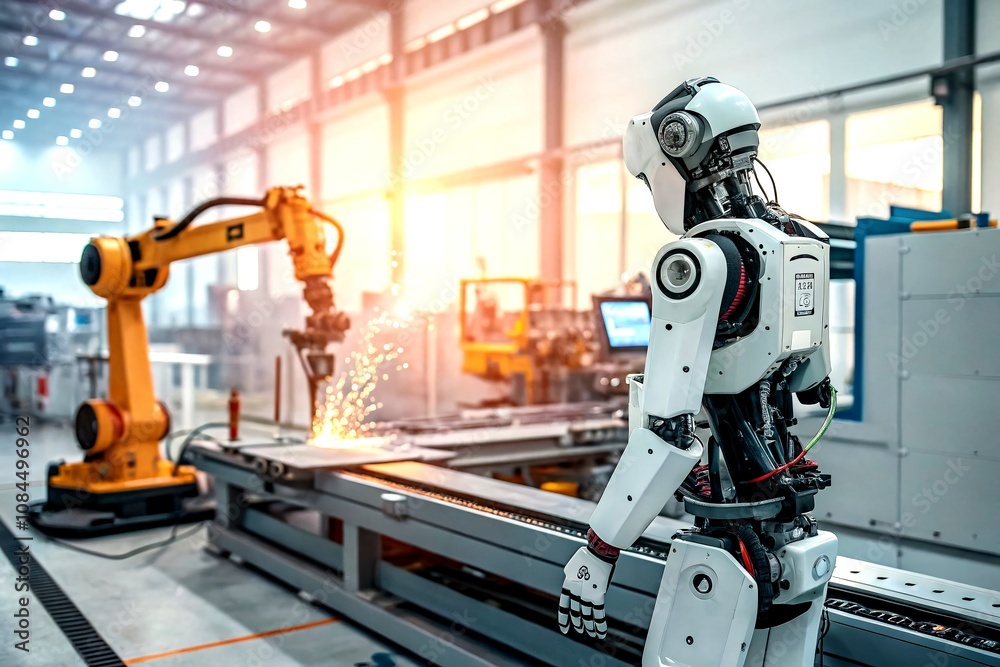 Poster robot graphic design overseeing intelligent manufacturing in a three-color scheme, showcasing advanc