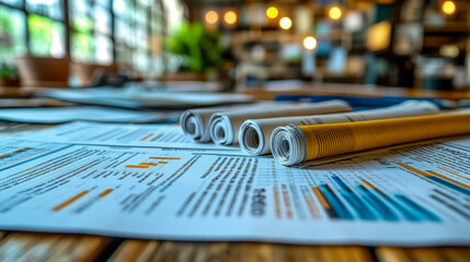 Various business reports and rolled documents are spread out on a rustic wooden desk, showcasing data in a bright and modern office environment