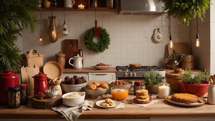 Fototapeta premium Festive kitchen with a variety of homemade treats and drinks on a wooden countertop in a warm atmosphere