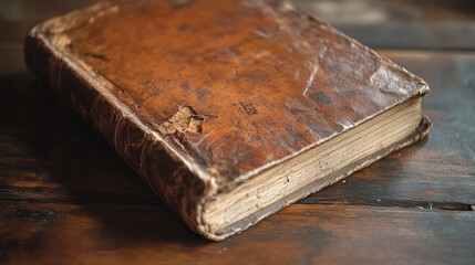 Obraz premium Vintage leather-bound book on rustic wooden table