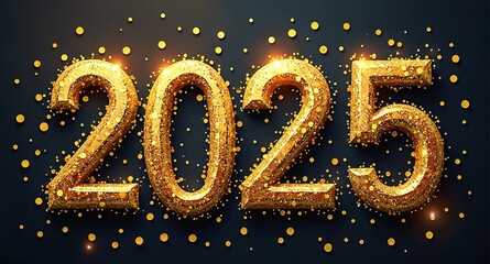 Glittering 2025 in gold with shimmering confetti creating a festive atmosphere for new year celebrations. New Year