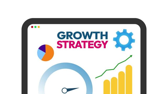 Business growth strategy design infographics animation on white background with screen 4k. Modern graphs with arrows and speedometer, success, reach, target, goal, business