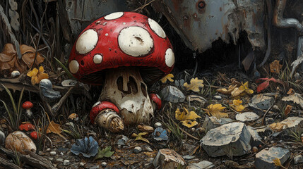 The red mushroom with white dots stands out amid fallen leaves and debris, creating a striking contrast in a serene, neglected outdoor area