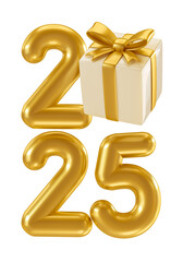 2025 Gold Balloon Numbers with Gift Box in 3D Render for Holiday Celebrations with transparent background