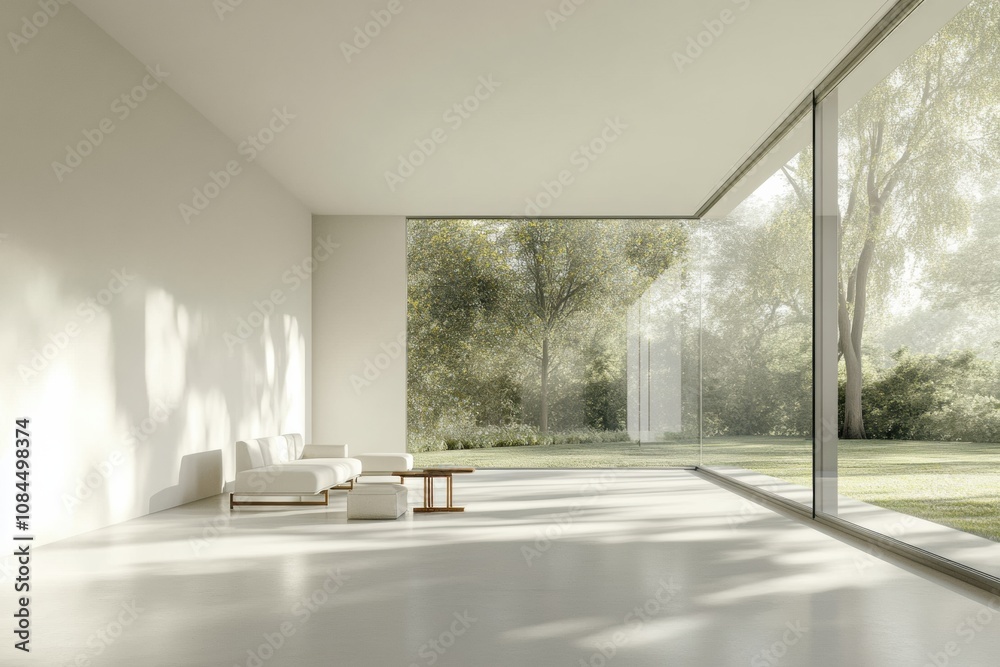 Poster the spacious living room features minimalist furniture, large windows, and a view of greenery, creat