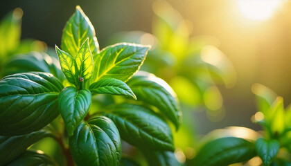 Obraz premium Lush green mint leaves basking in warm sunlight inside a cozy indoor garden during a serene afternoon