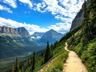 Obraz premium Scenic Hiking Trail in Majestic Mountains with Open Sky and Lush Greenery, Perfect for Tourism and Adventure Travel Websites