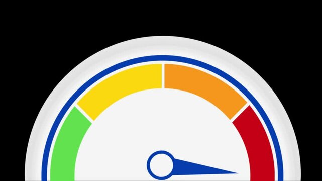 Colorful speedometer infographic 4k animation on an isolated black backdrop for keying. Speedometer with needle animating design