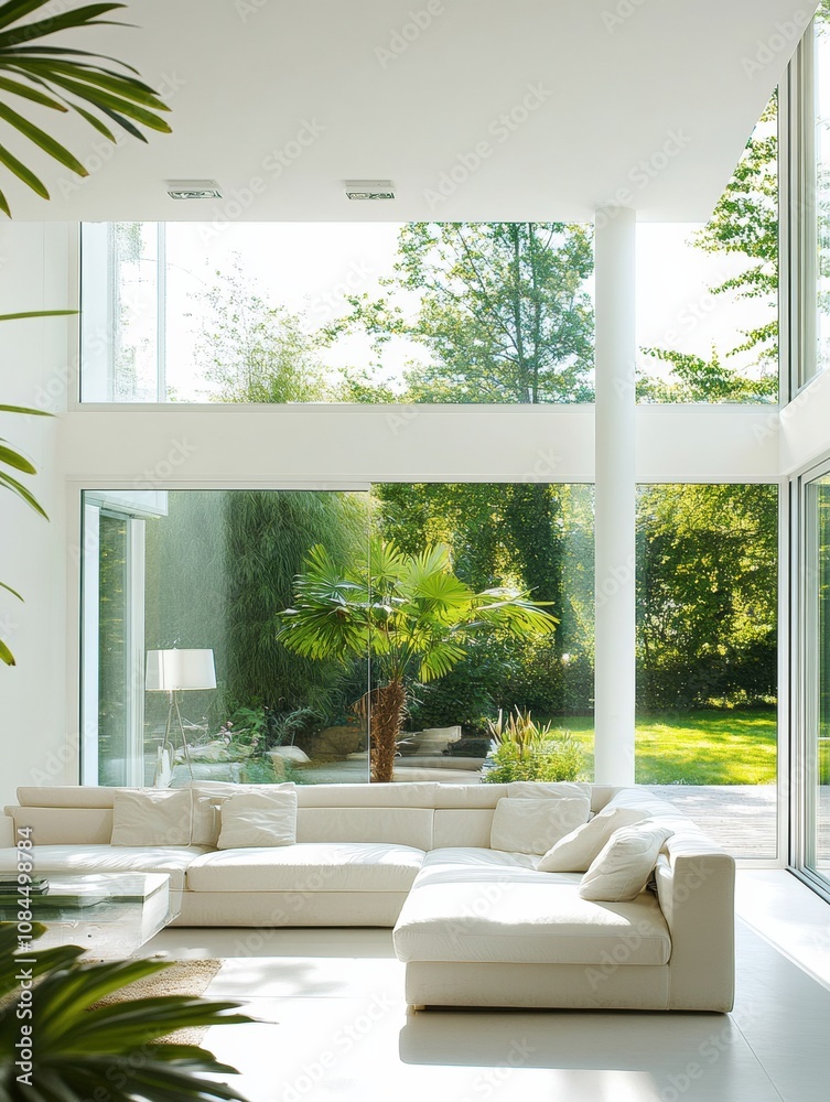 Poster this living room features a spacious design with large windows that allow sunlight to flood in, offe