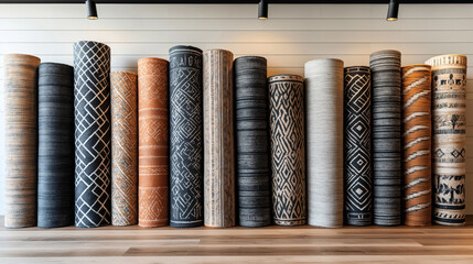 Row of vertically standing rolled rugs with assorted patterns and colors displayed in an interior space with a wooden floor and white paneled wall.