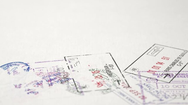 Passport stamps of different visa country in form of world map. Travel, tourism 3d animation