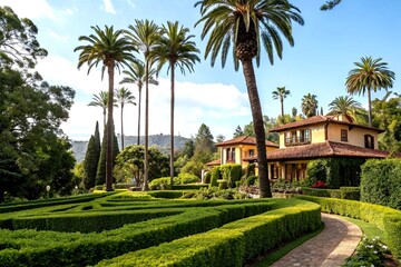 Fototapeta premium Serene Architectural Photography of a House Enveloped by Lush Hedges, Towering Trees, and Graceful Palm Trees in a Tranquil Garden Setting