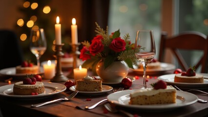 Fototapeta premium Elegant candlelit dining table with desserts and floral centerpiece during a cozy gathering