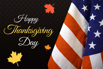 Fototapeta premium Happy Thanksgiving Day Wallpaper with American flag on the side. Thanksgiving greetings backdrop with leafs and flag