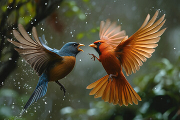 Contrasting colored birds in confrontation.