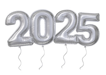 2025 Silver Balloon Numbers in 3D Render for Festive and Party Decorations with transparent background