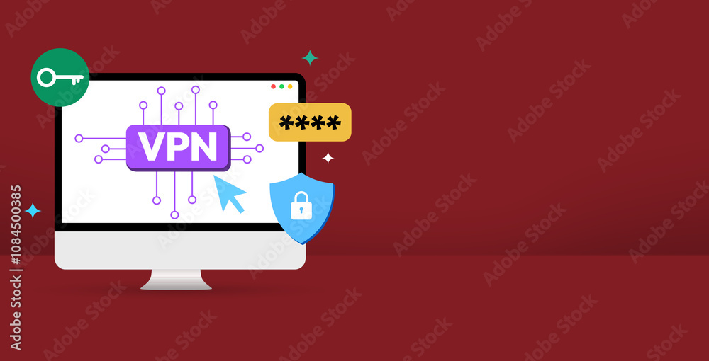 Poster secure vpn concept design with lock and typography inside the screen, red banner design copy space. 