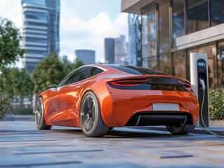 Fototapeta premium EV electric car charging battery at a charge station on a futuristic city street. - Renewable energy concept - Copy space