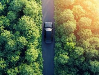 EV car, Electric energy battery charge vehicle with earth care sustainable development concept. Aerial view of modern futuristic ev car on a narrow road through green tree forest with warm sunlight.