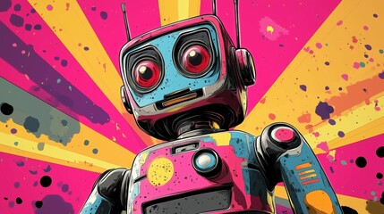 pop art robot charm a cartoonish pop art style and vibrant colors design with dynamic contrasts and texture glowing background