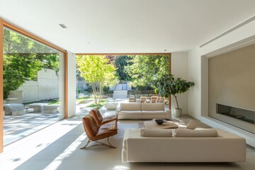 This modern living room features ample natural light, a cozy seating area, and views of a peaceful garden through large windows. Generative AI