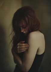 Obraz premium A young woman stands, hugging herself, creating a sense of warmth and self-acceptance. Her head is bowed, and her hair partially covers her face, adding a touch of mystery and melancholy to the scene