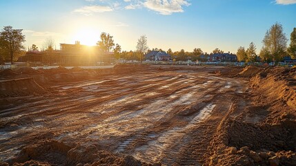 Sunset over construction site.
