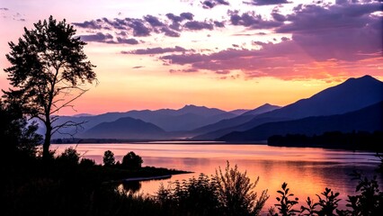 Fototapeta premium Serene Silhouette of a Tranquil Sunset: Embracing the Essence of Relaxation in Nature's Embrace with Lush Landscapes and Calming Skylines