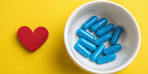 Heart health concept with blue capsules and red heart on yellow background
