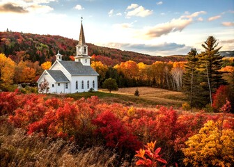 Naklejka premium Serene Small Country Church Embraced by Vibrant Autumn Foliage in a Rustic Landscape, Evoking Simplicity, Peace, and Deep Faith Amidst Nature's Beauty