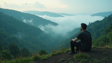 Fototapeta premium A solitary figure contemplates breathtaking mountain views in the early morning light