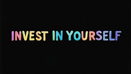 Motivational phrase “Invest in yourself” on a black background written in cheerful colorful letters