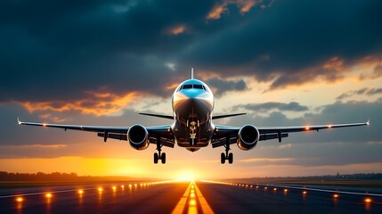 Airplane Landing at Sunset