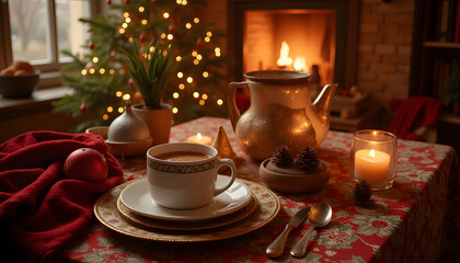Fototapeta premium Cozy table setting with a cup of coffee, festive decor, and a warm fireplace in a holiday ambience