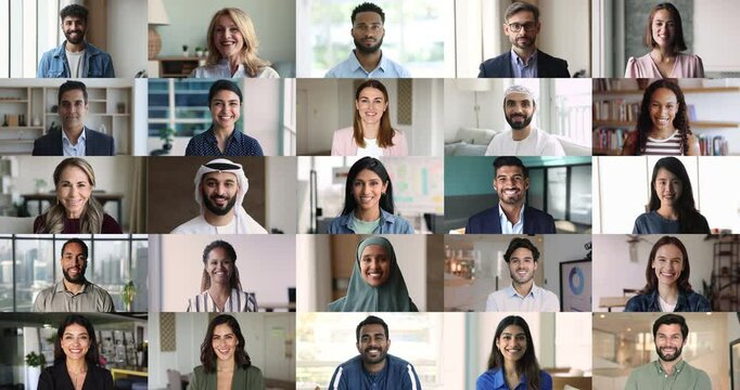 Head shot portraits, collage view, lot of multinational people smiling, looking at camera. Videoconference application users for international calls by business or personal. Diversity, unity, equality