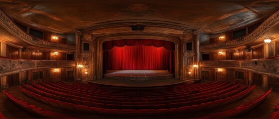 Obraz premium A vintage theater interior showcasing a red curtain stage and ornate seating.